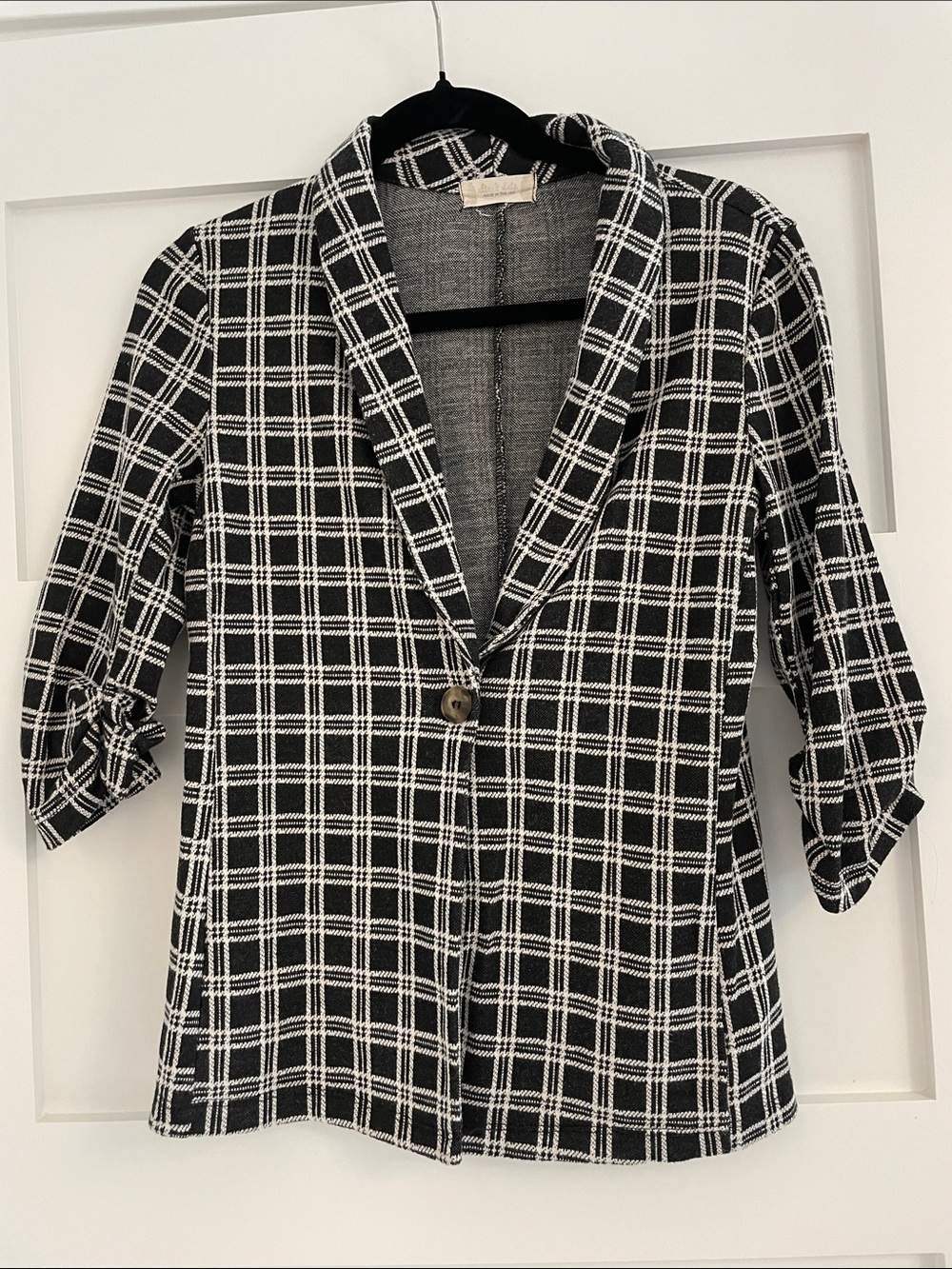 Altar’d State Black and White Plaid Blazer with ruched sleeves